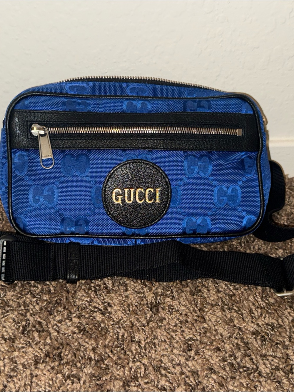 GUCCI Blue GG Logo Belt Bag with Gold Emblem